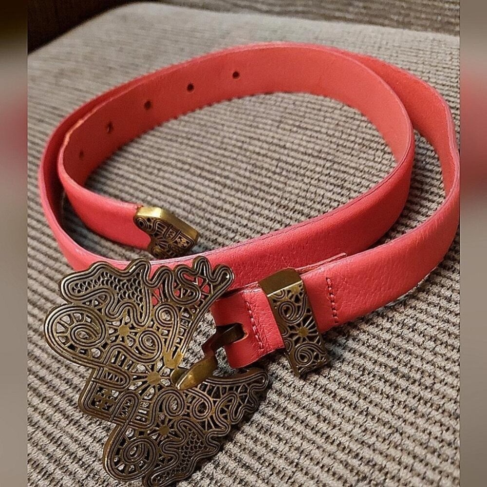 Red Leather Belt Brass Buckle Italy S Vintage